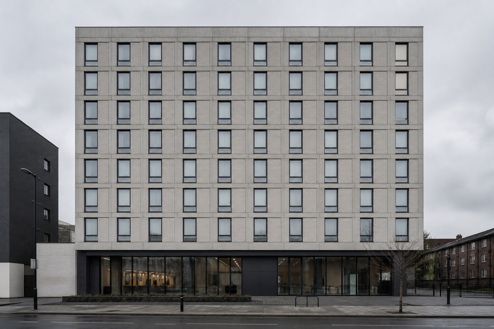 A generic purpose-built student accommodation block with a regular grid of bedroom windows