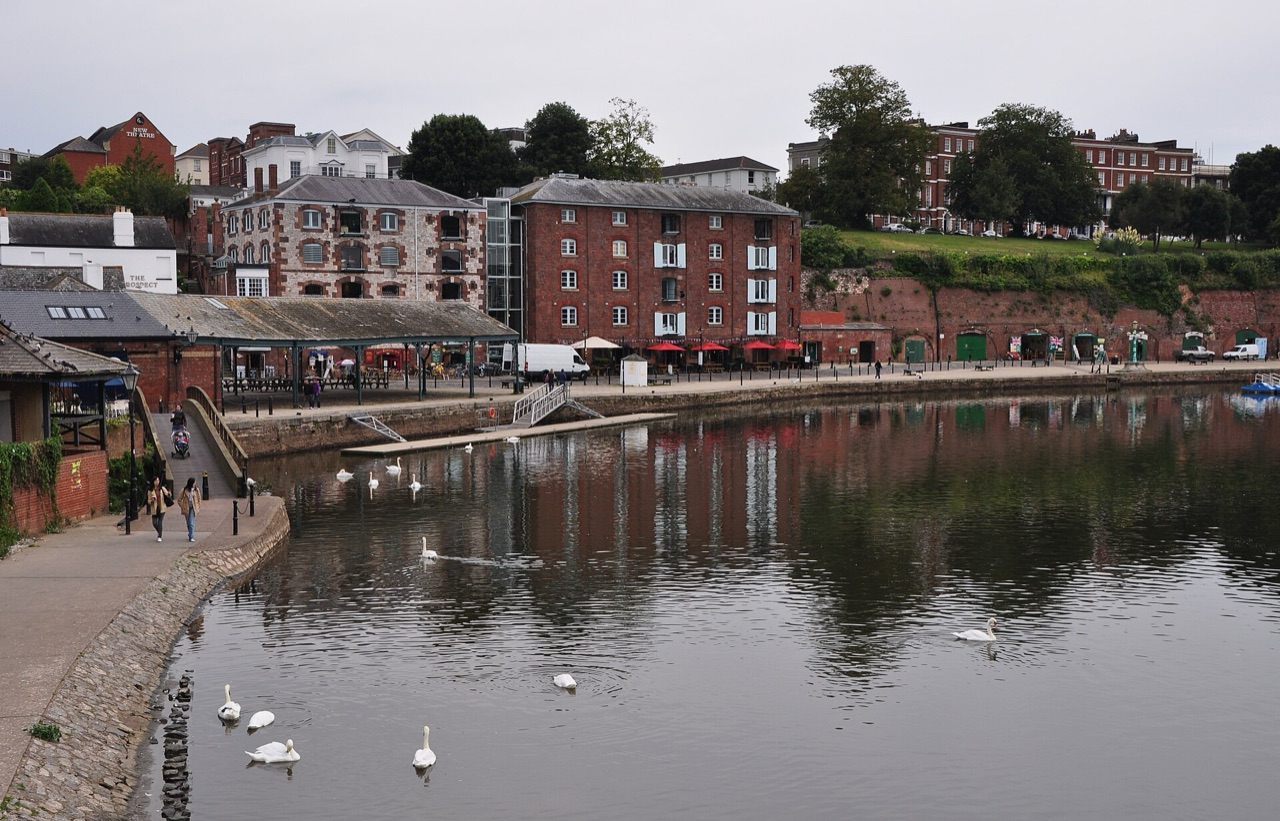 Exeter Quay on the River Exe, with historic warehouses along the waterside