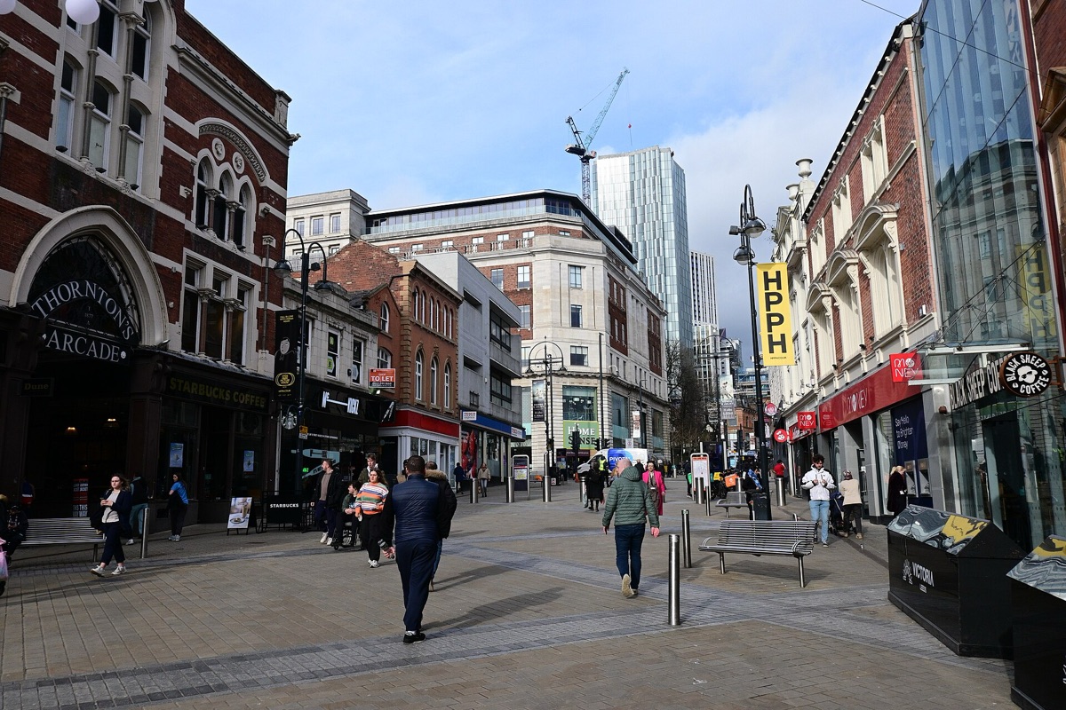 Briggate, a pedestrianised shopping street in Leeds city centre, looking towards The Headrow