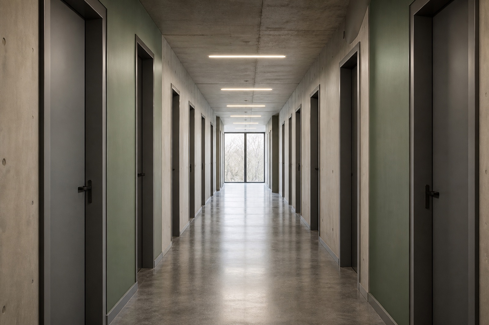 A corridor of identical bedroom doors inside a student accommodation block