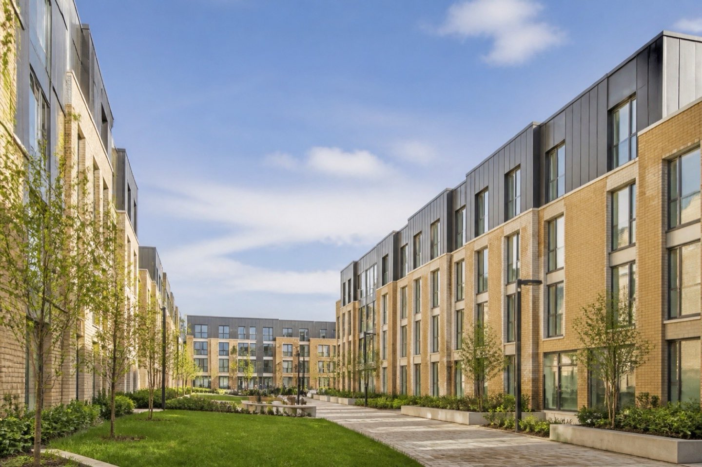 Student accommodation buildings around a landscaped mews