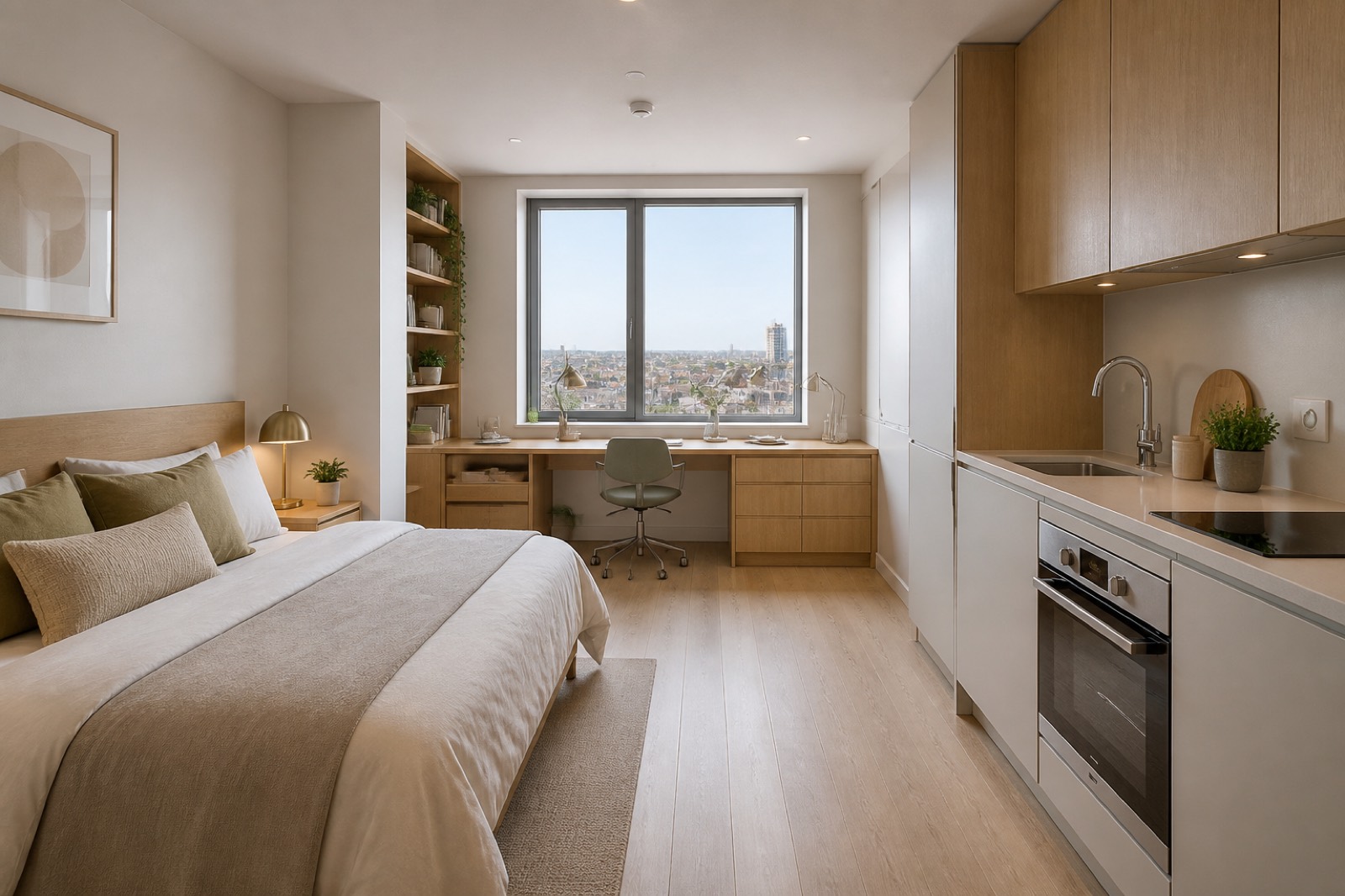 A premium en-suite student studio with a desk by the window